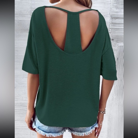 Classic Loose Fit Cut Out Back Batwing Sleeve Tee T Shirt Top Blouse Green - Picture 2 of 6